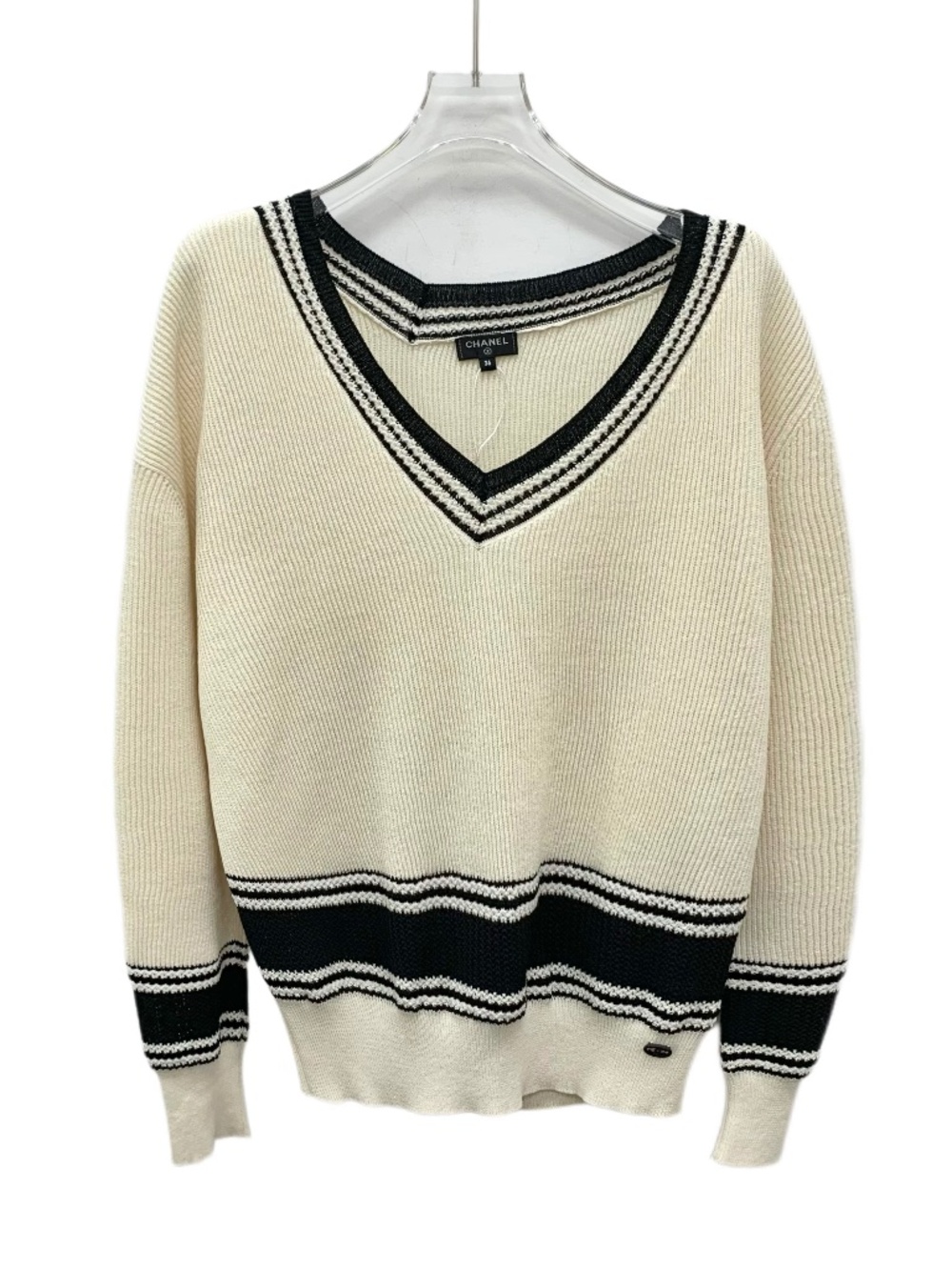 Chanel Two-Tone Striped Mulberry Silk V-Neck Long-Sleeve Knit Cardigan